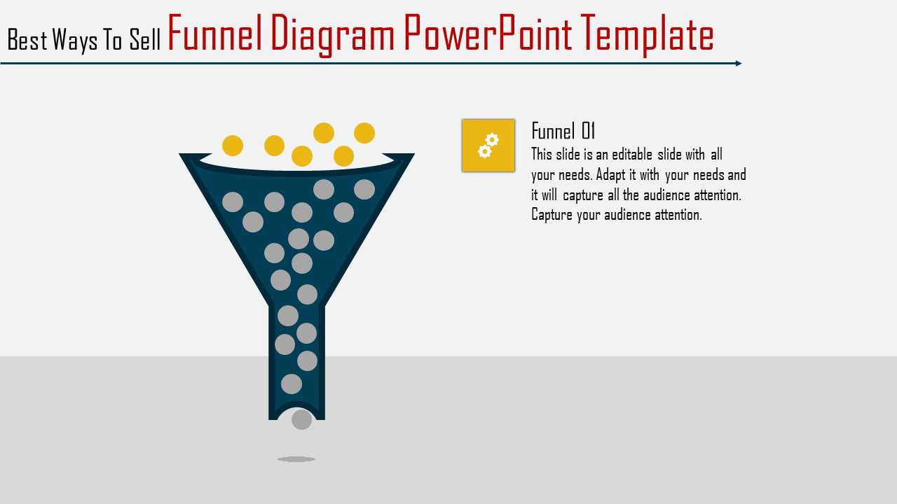 PowerPoint slide showing a funnel diagram with yellow dots flowing through four stages labeled Funnel 01.