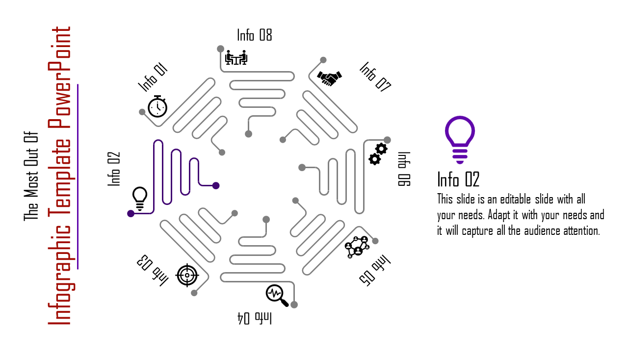 Hexagonal infographic design with eight sections labeled as Info 01 to 08, highlighting a purple light bulb icon for Info 02.