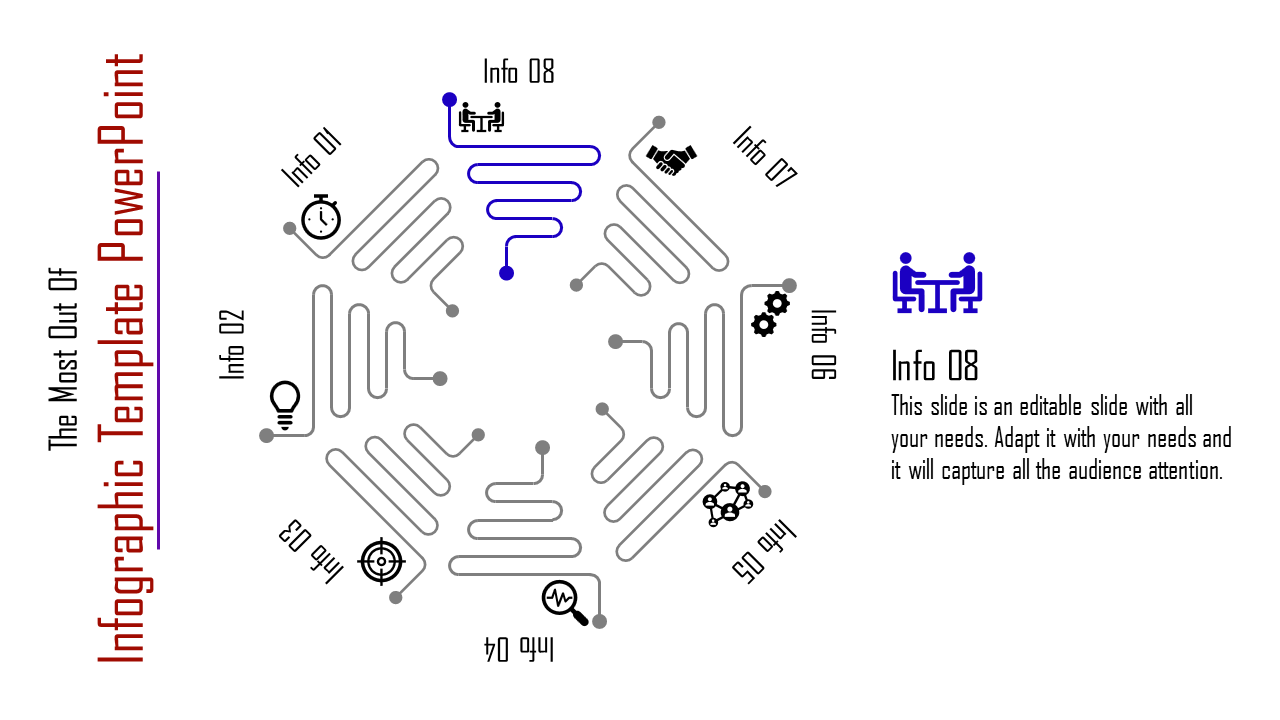 Creative PowerPoint slide featuring a radial infographic layout with highlighted Info 08 section and collaboration icon.