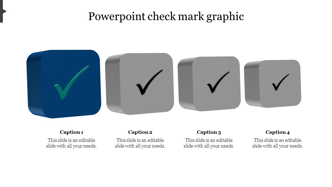 PowerPoint slide with four 3D square blocks, each displaying a checkmark symbol in blue and gray shades with captions.