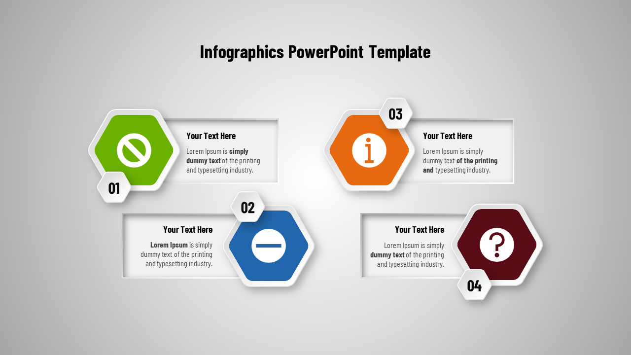 Hexagonal infographic layout with green, blue, orange, and maroon shapes on a light gray gradient background.