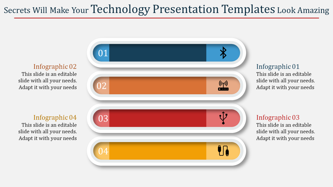Technology PPT template with four horizontal bars in blue, orange, red, and yellow, each featuring icons and text.