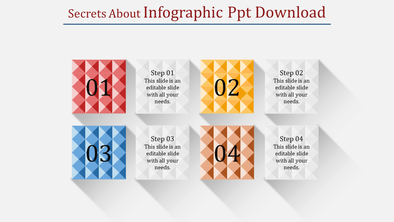 Four colorful numbered squares with textured patterns in red, yellow, blue, and brown, paired with step captions.