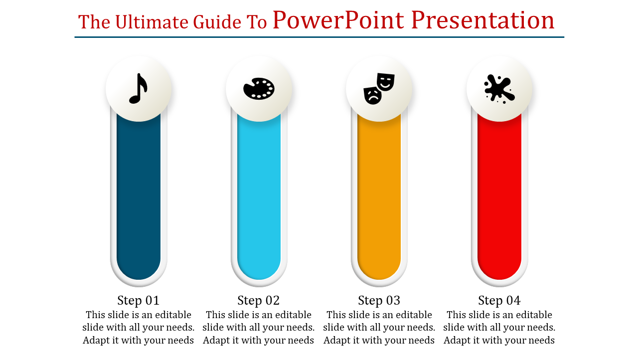 An infographic PPT slide with four numbered steps, each represented by a distinct icon and color with placeholder text.