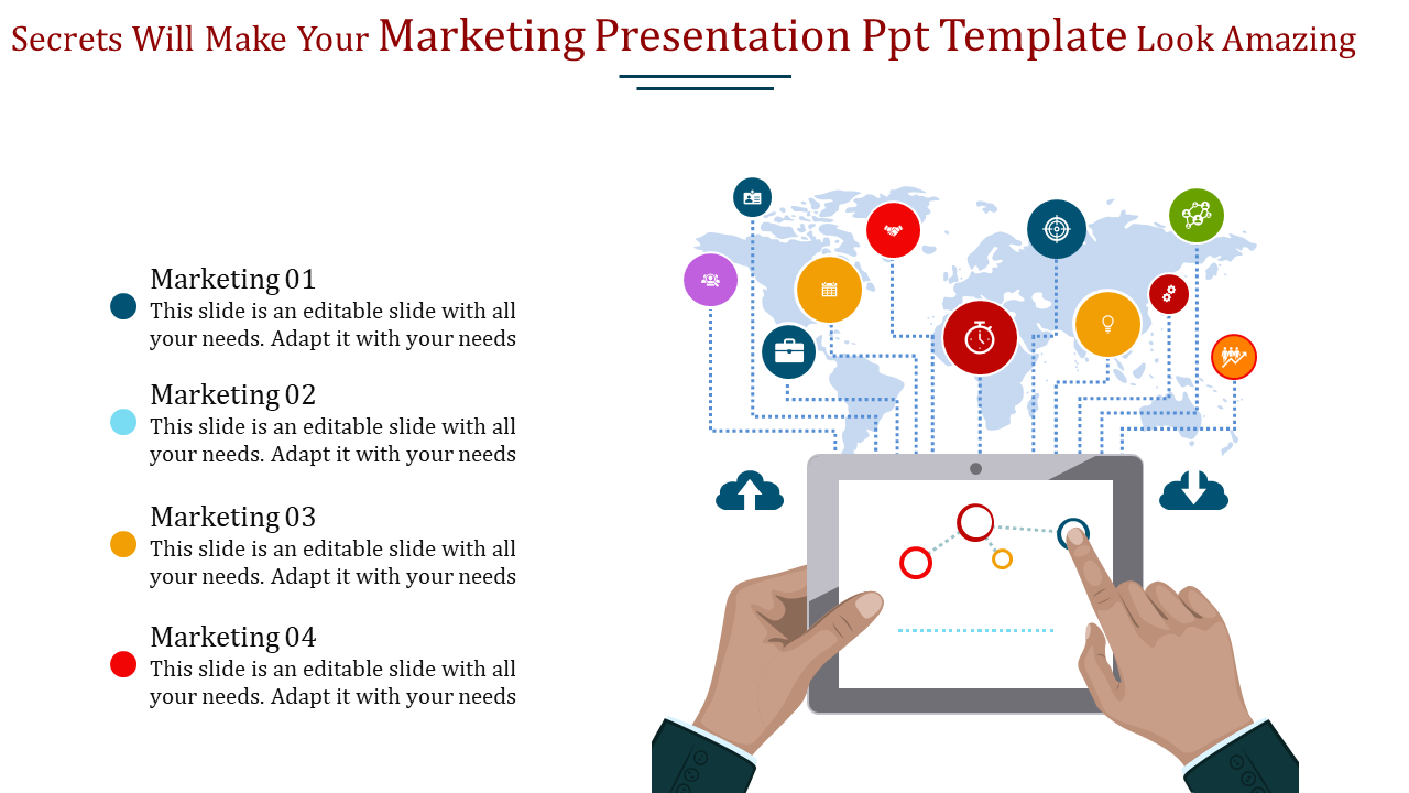 Marketing PPT slide with a world map and colorful icons related to business, showing four steps with placeholder text.