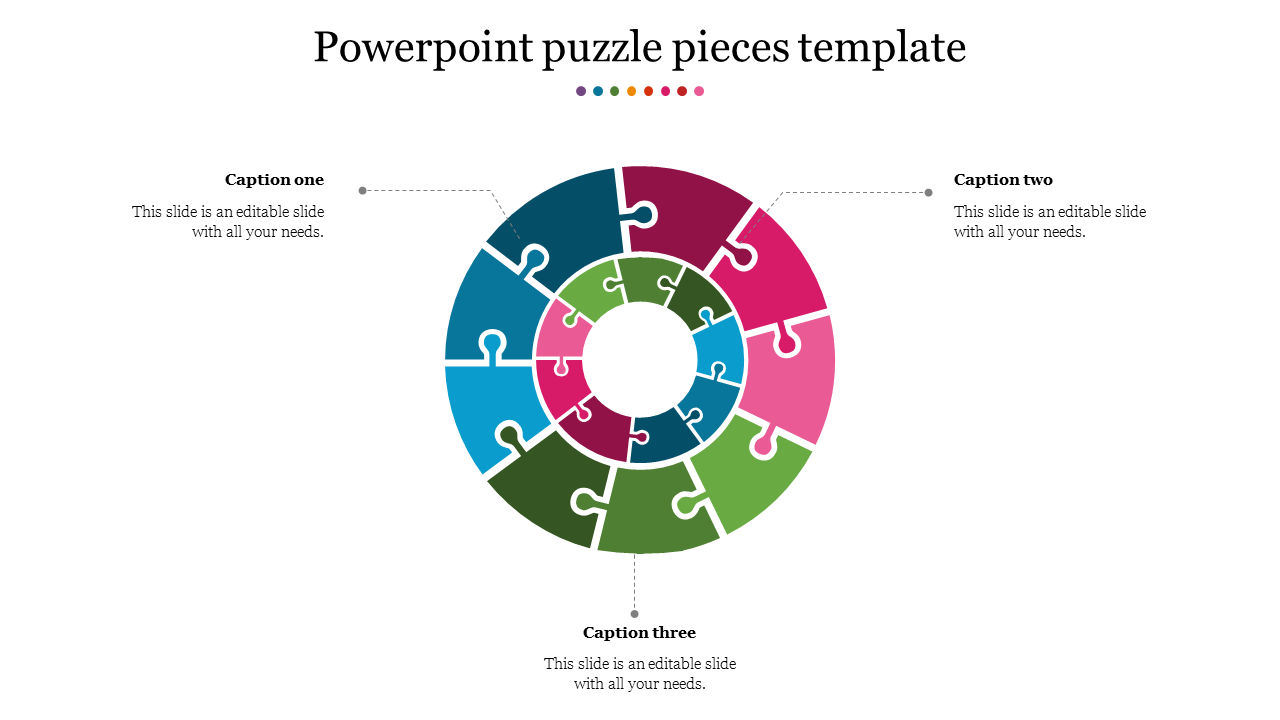 Slide featuring a colorful circular puzzle made up of interlocking pieces, with three captions around it.