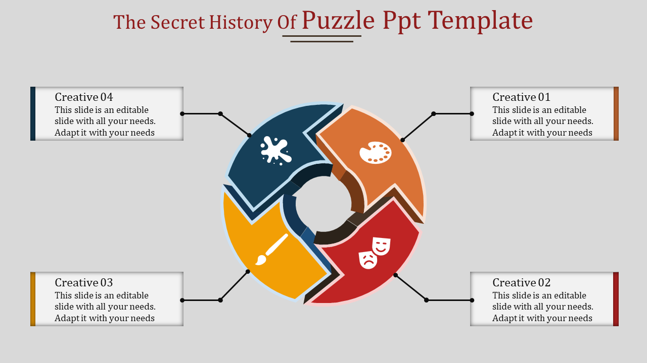 Circular puzzle PowerPoint template is divided into four colorful segments with creative icons and corresponding captions.