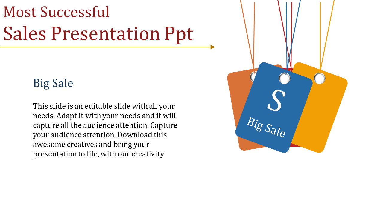 Sales PowerPoint template with colorful price tags labeled Big Sale with placeholder text.