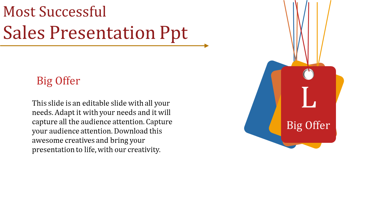 Sales slide with text on the left and hanging multicolored tags on the right, including red, yellow, orange, and blue.