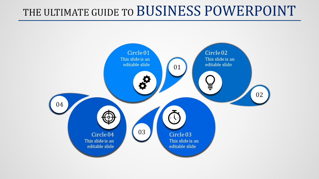 Business PowerPoint guide with four blue circular sections featuring icons for settings, ideas, time, and targets.