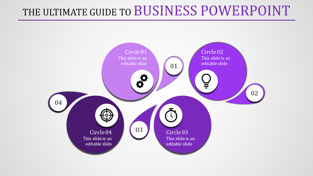 Four circular purple shapes with icons and text, connected by smaller numbered markers, on a white background.