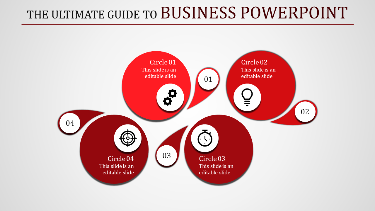 Business PowerPoint guide featuring four red circular sections with icons for settings, ideas, time, and targets.