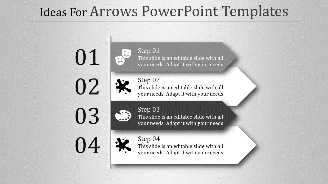 Gray themed slide with four arrows pointing right, featuring numbered steps, icons, and descriptive text.