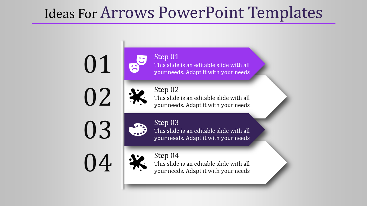 Four purple and white arrows pointing right, numbered 01 to 04, with icons and text on a light gray background.
