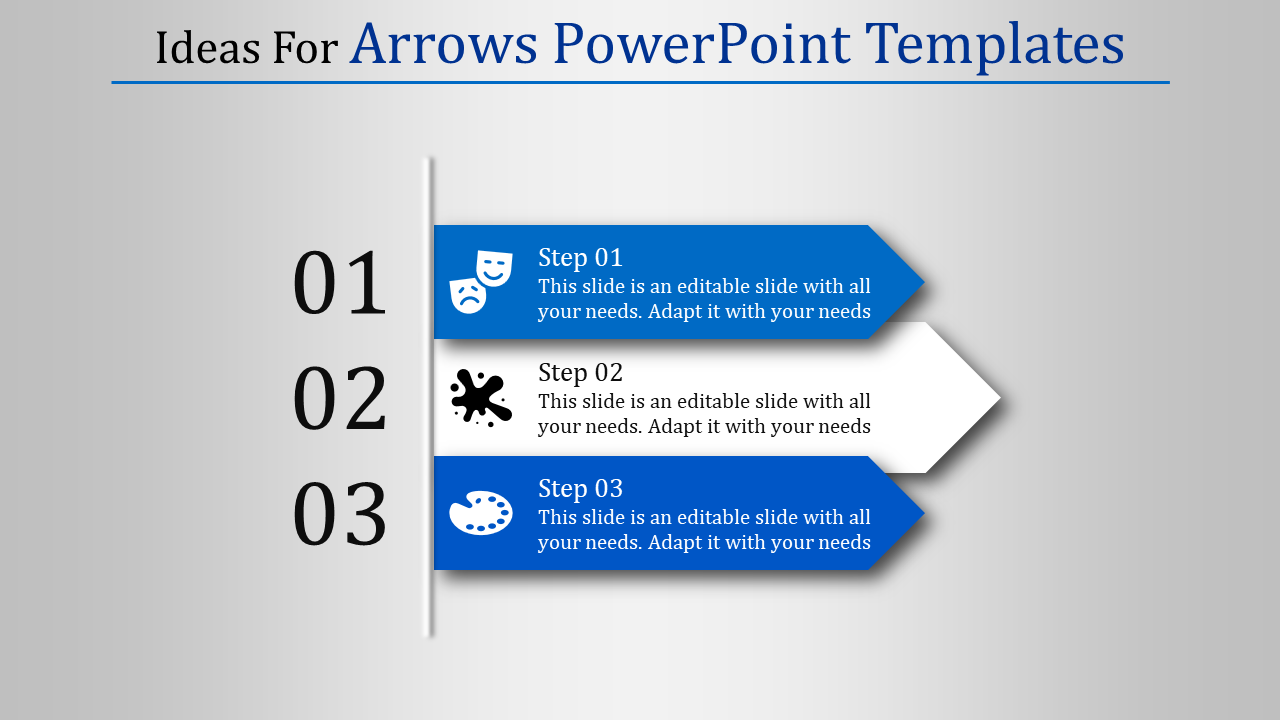 Presentation layout showcases three sequential steps with arrows in blue and white, paired with descriptive text and icons.