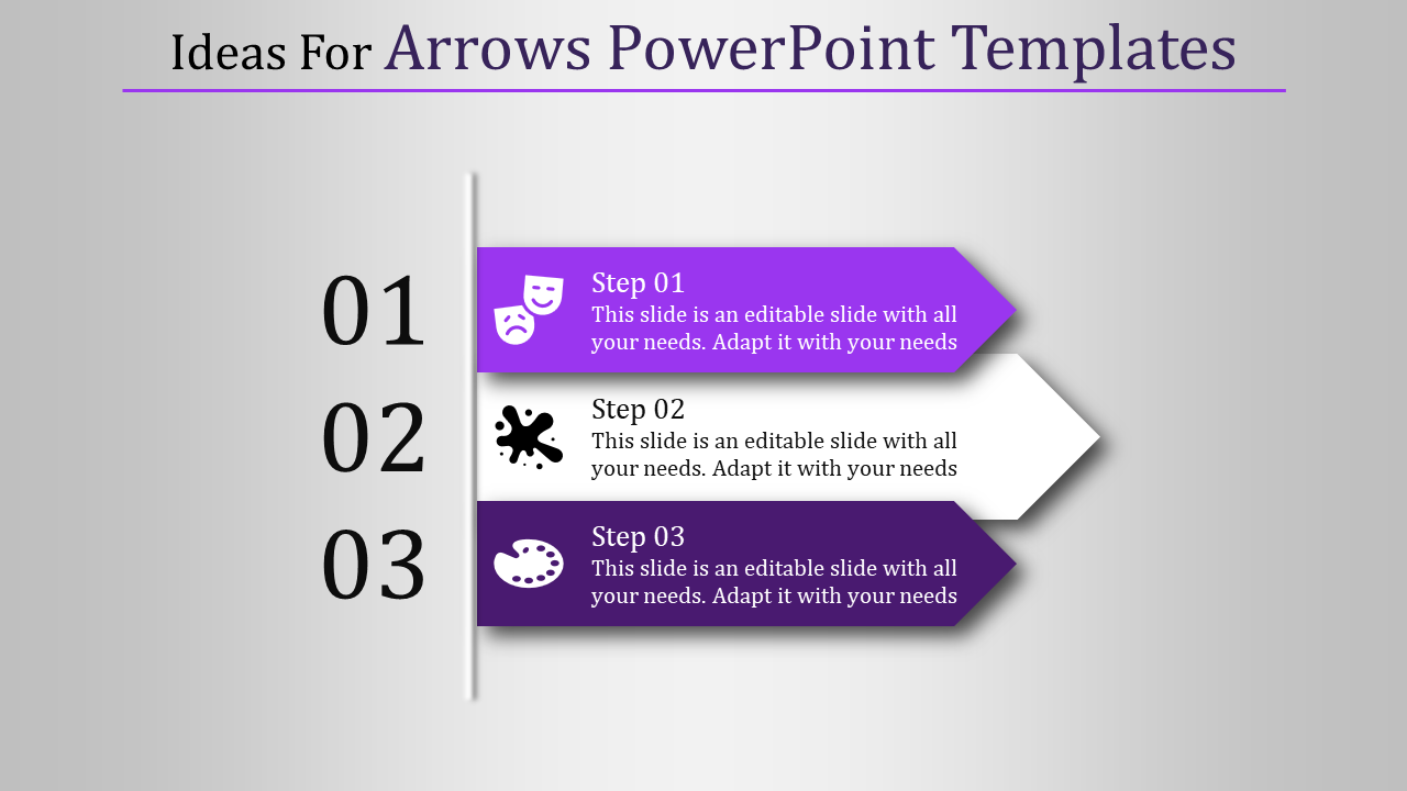 Arrow themed PowerPoint template with three steps in purple tones, featuring icons and captions.
