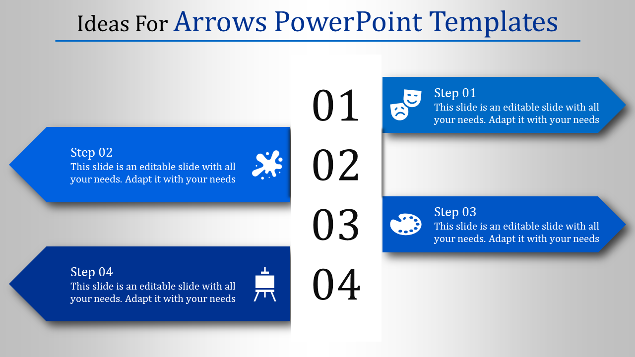 Blue themed PowerPoint slide showcasing four numbered steps with arrow designs for content.