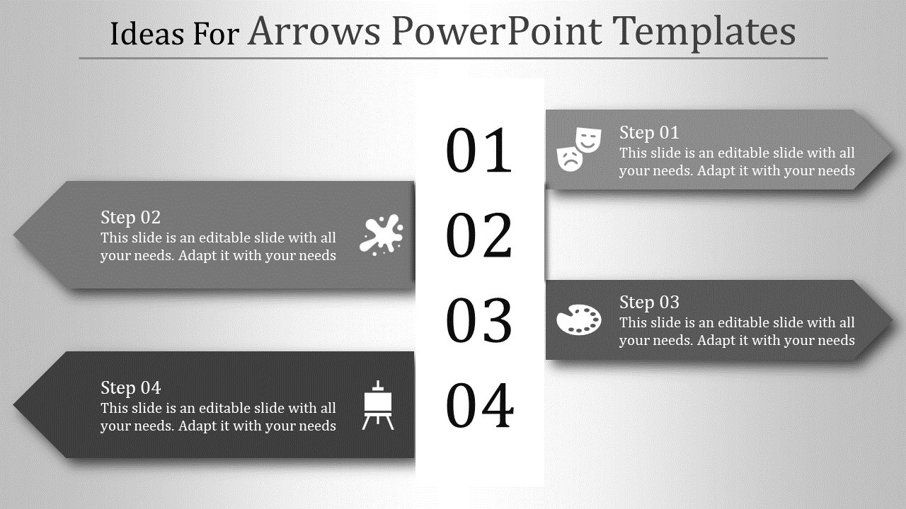 Modern template showcasing numbered steps with icons and text on grey arrow shapes.