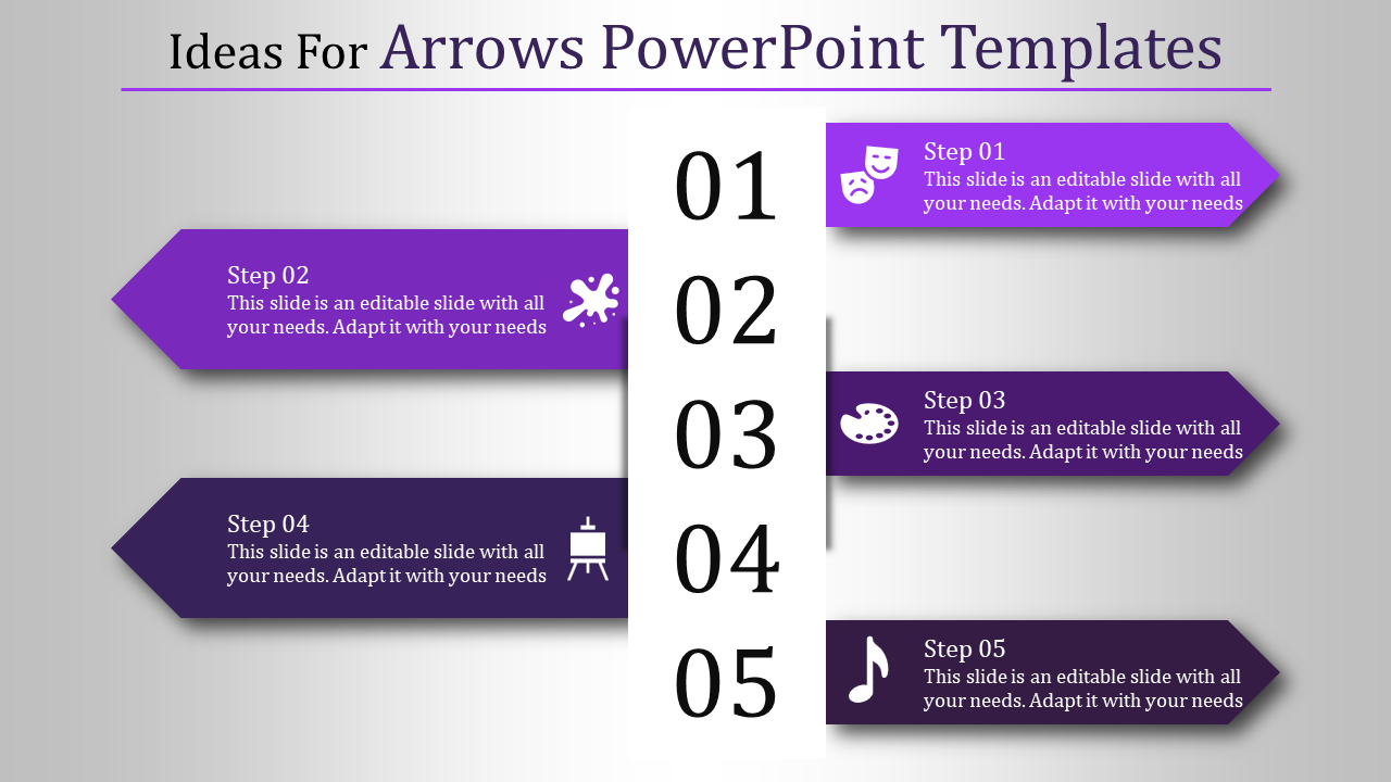 Five purple arrow shapes pointing horizontally with steps aligned around a vertical number column.