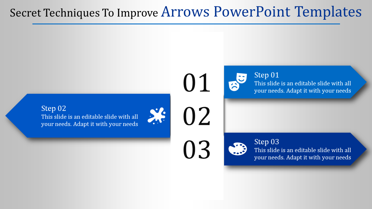 Three blue arrow shapes pointing horizontally with steps aligned around a vertical number column.