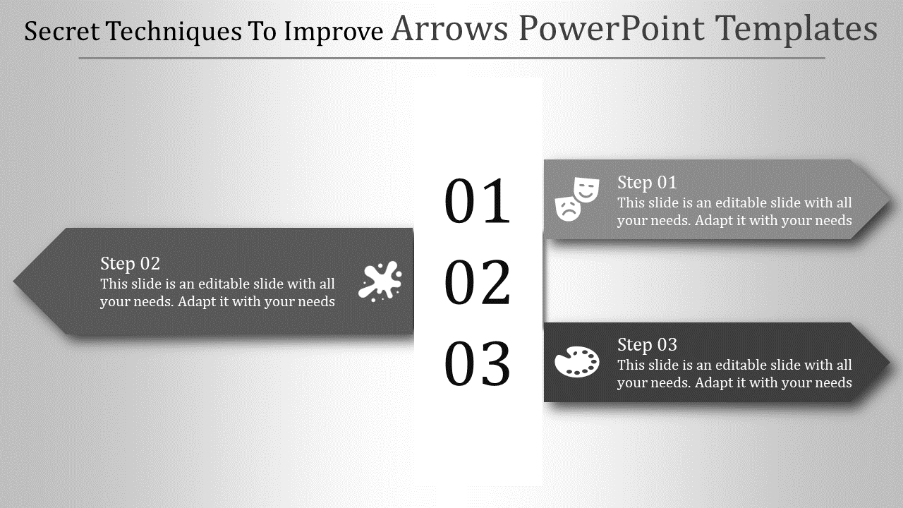 Three gray arrow shapes pointing horizontally with steps aligned around a vertical number column.