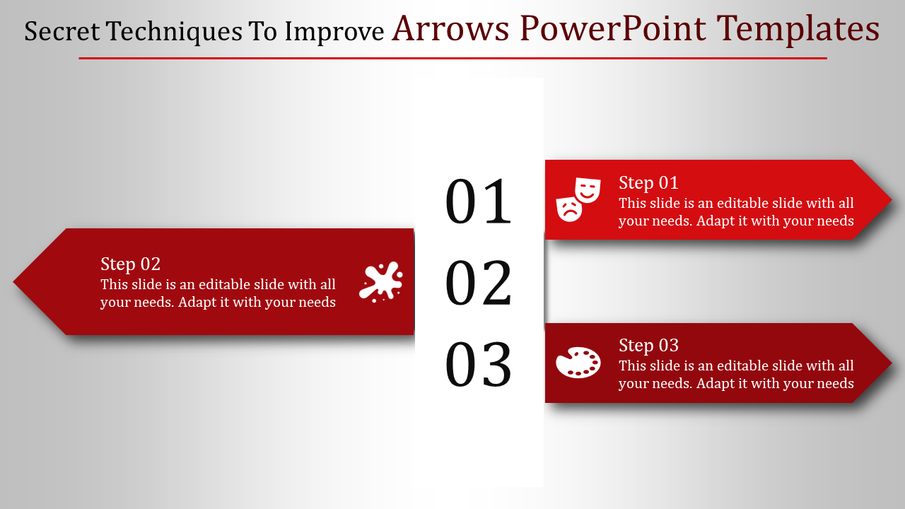 Three red arrow shapes pointing horizontally with steps aligned around a vertical number column.