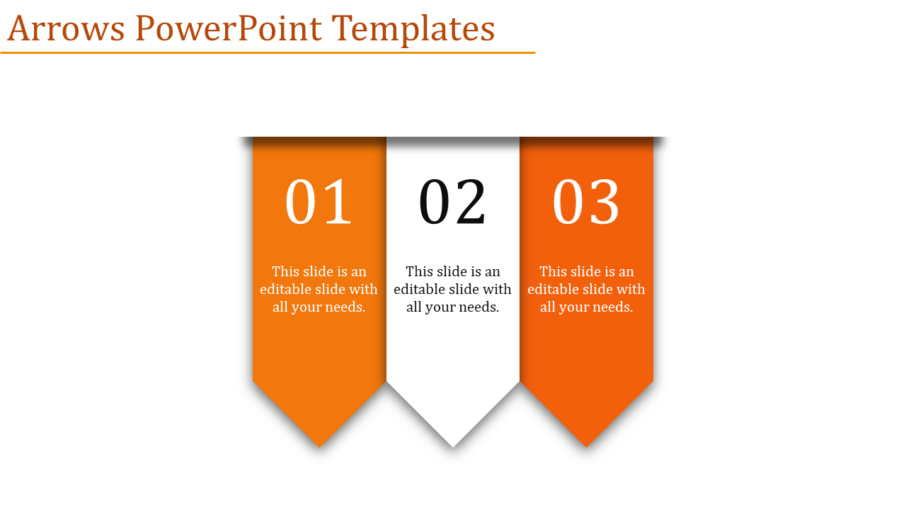 Orange themed arrows PowerPoint slide with numbered sections 01, 02, and 03 for organizing content.