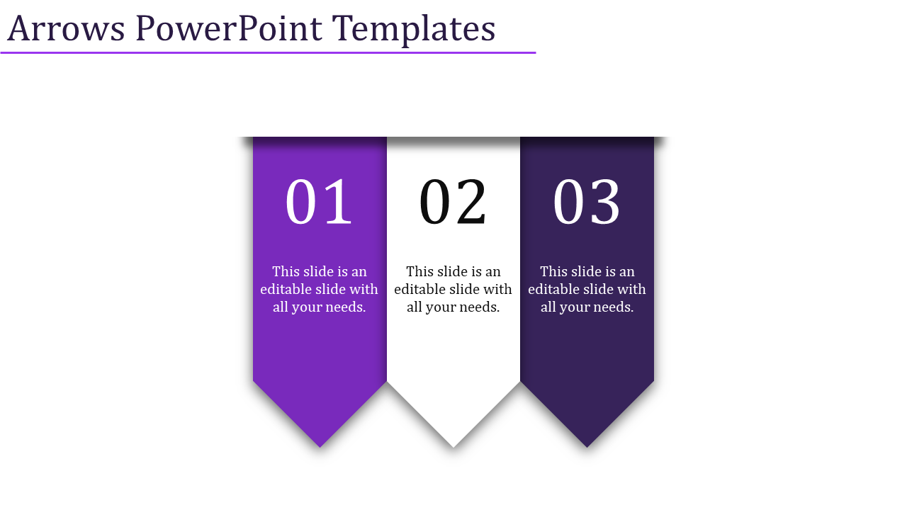 A PowerPoint slide with three numbered steps, each with purple and white arrows with placeholder text.