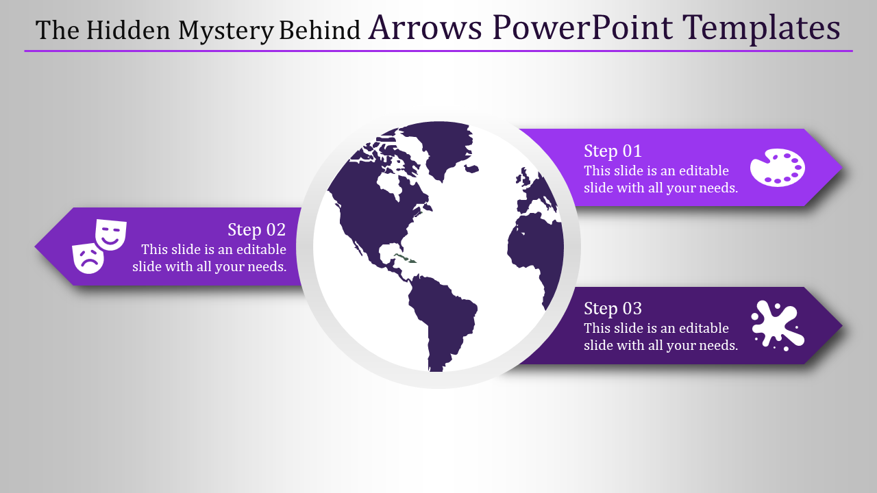 Global process diagram featuring a central globe and three purple arrows with icons for art, theater, and creativity.