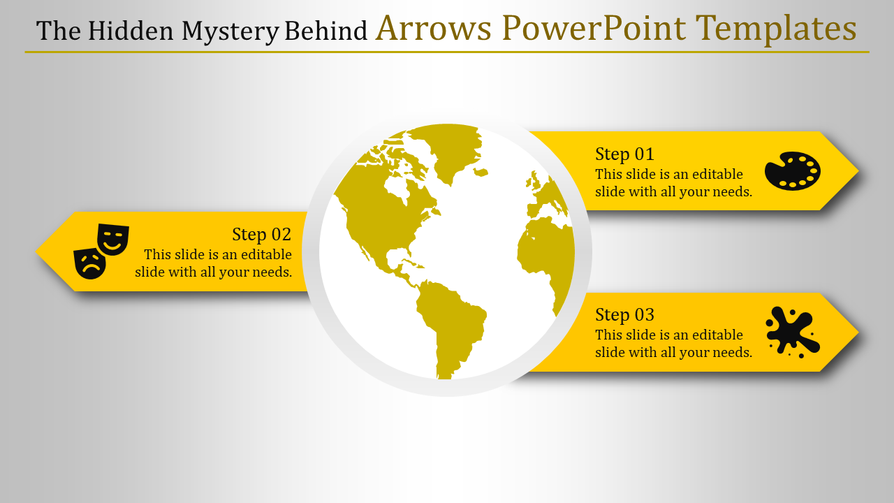Circular infographic with a globe at the center and yellow arrows pointing to steps 01 to 03, each with icons.