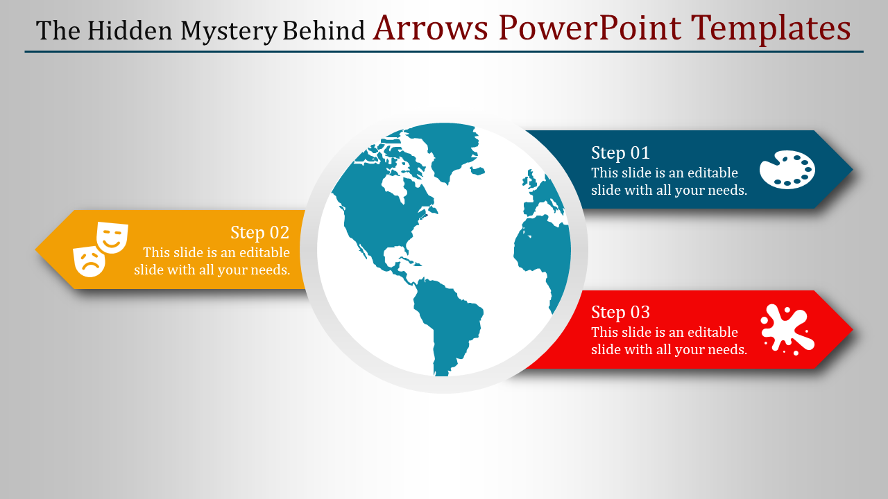 Creative infographic slide featuring a blue globe surrounded by arrows in blue, yellow, and red, each linked to captions.