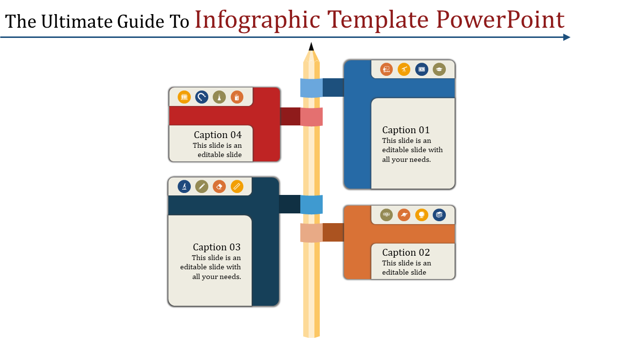 Vertical pencil illustration with four color coded boxes containing icons and captions, connected by horizontal bands.