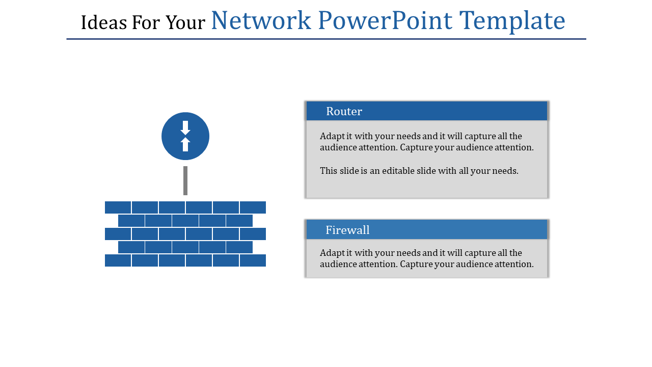 Network diagram with a router icon above a brick wall and two labeled placeholders for router and firewall.
