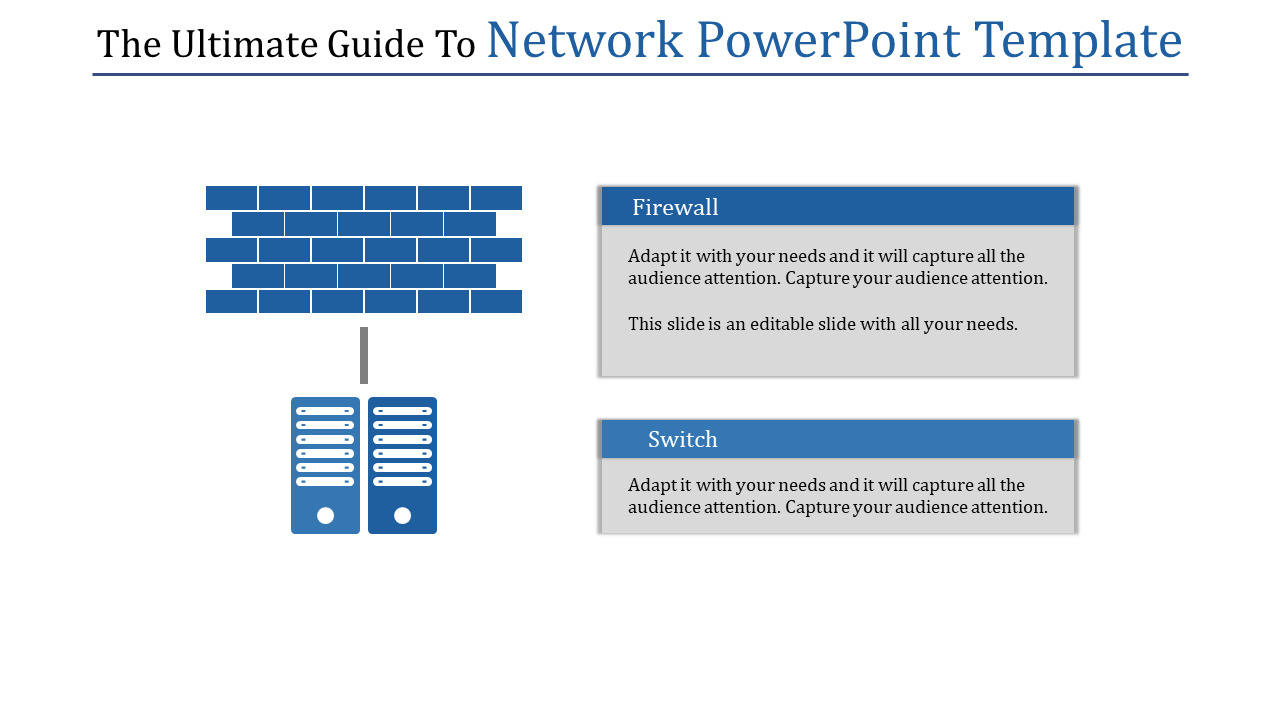 Network layout with a firewall brick wall, two server icons, and labeled placeholders for firewall and switch.