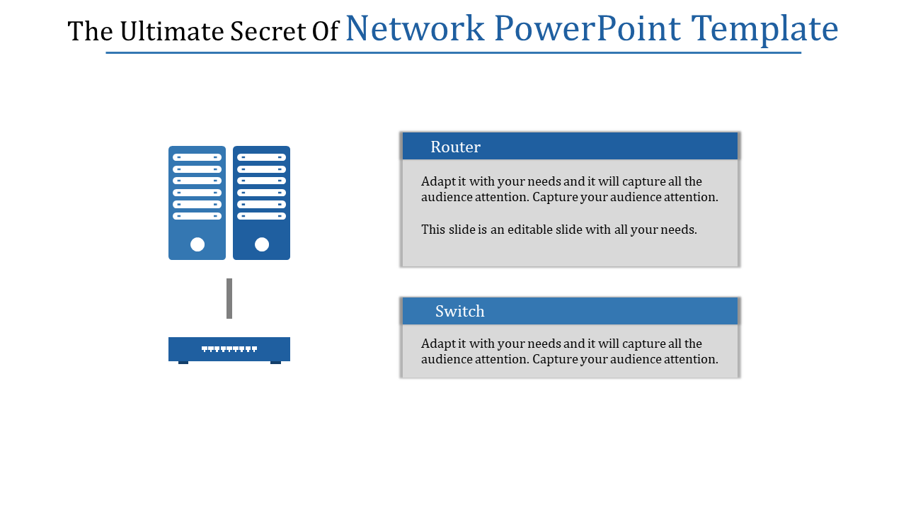 Network PPT template featuring two servers linked to a router, highlighting sections for router and switch details.
