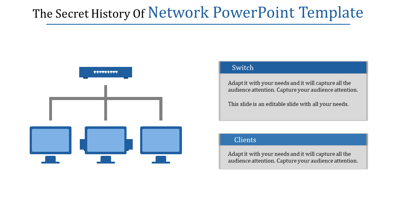 Switch and clients setup showcasing network connectionsin white and blue theme and placed with  placeholder text areas.
