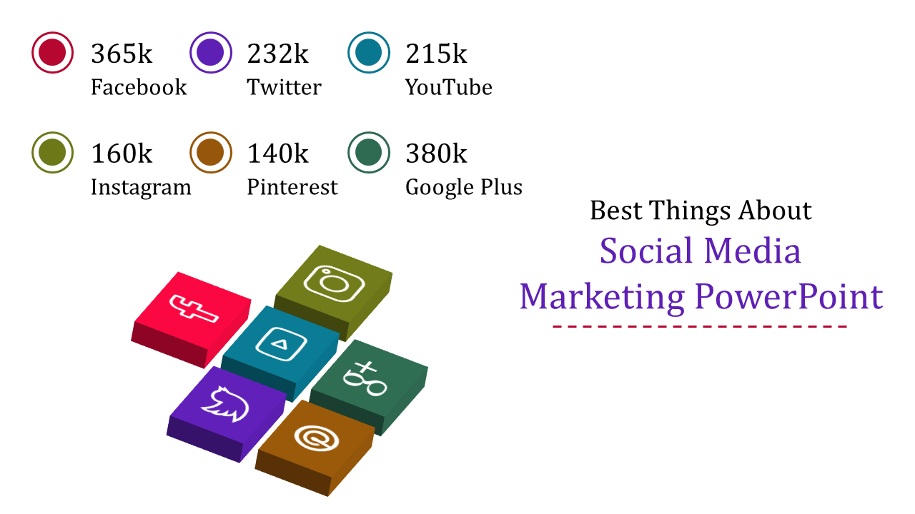 Colorful 3D blocks with social media icons and statistics, showcasing user counts for platforms.
