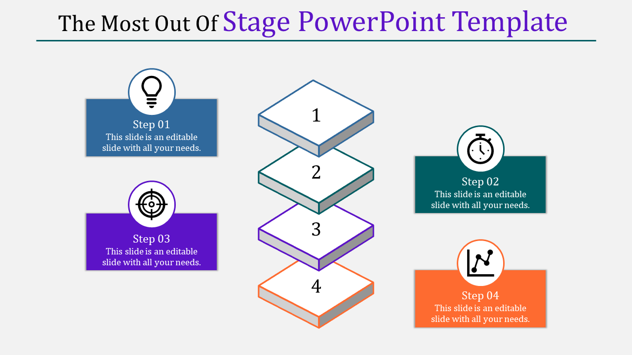 Multi-layered stage template with numbered sections and colorful labeled step boxes, each with unique icons.