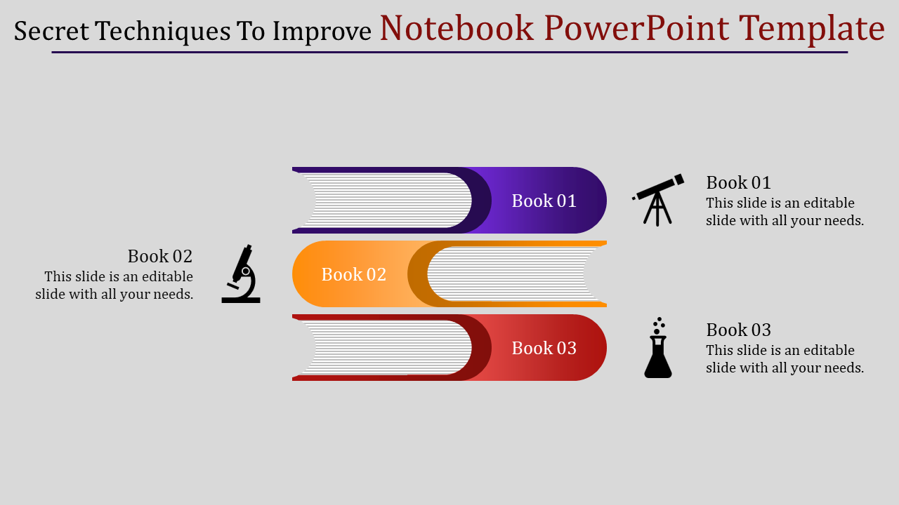 Three stacked books in purple, orange, and red with icons of a microscope, telescope, and beaker representing each.