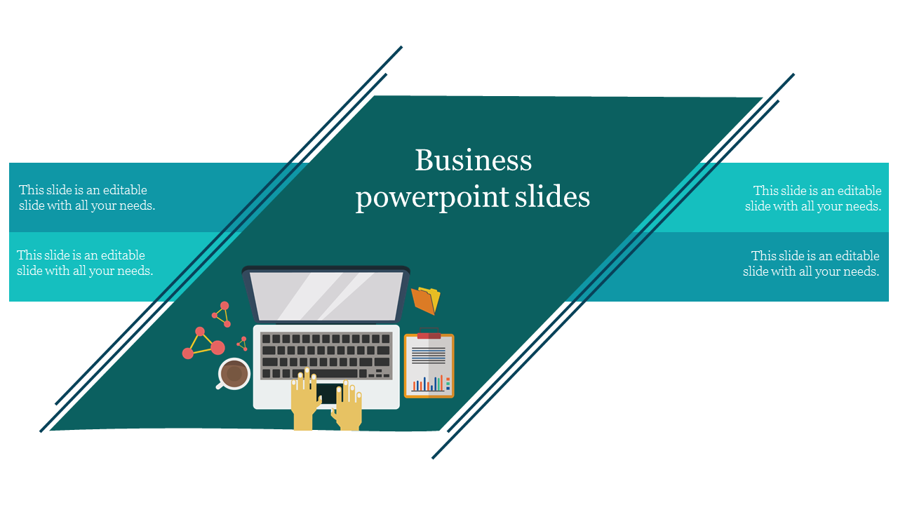 Business PowerPoint slide featuring a laptop, documents, and a workspace design with placeholder text.