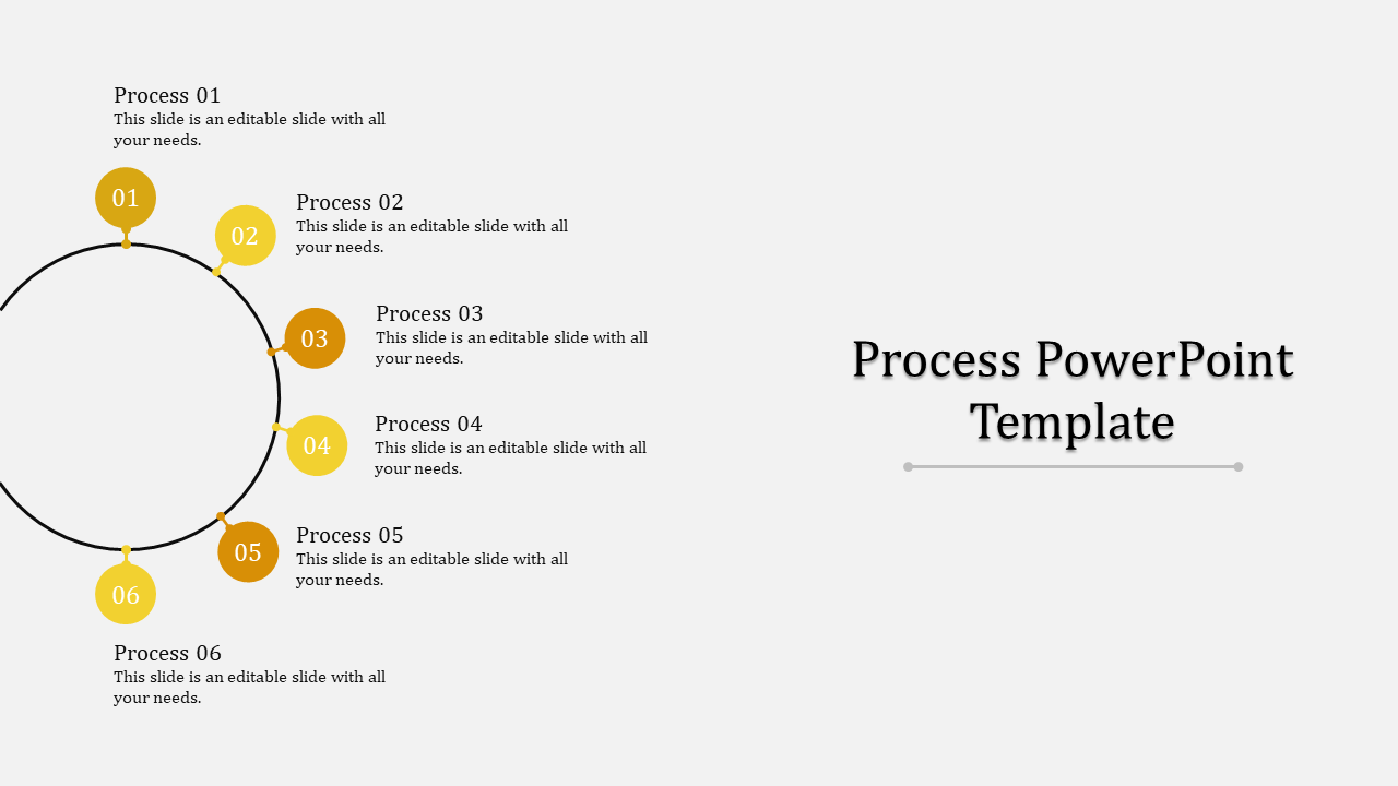 Process PowerPoint template with six numbered steps arranged in a circle, each with a description.