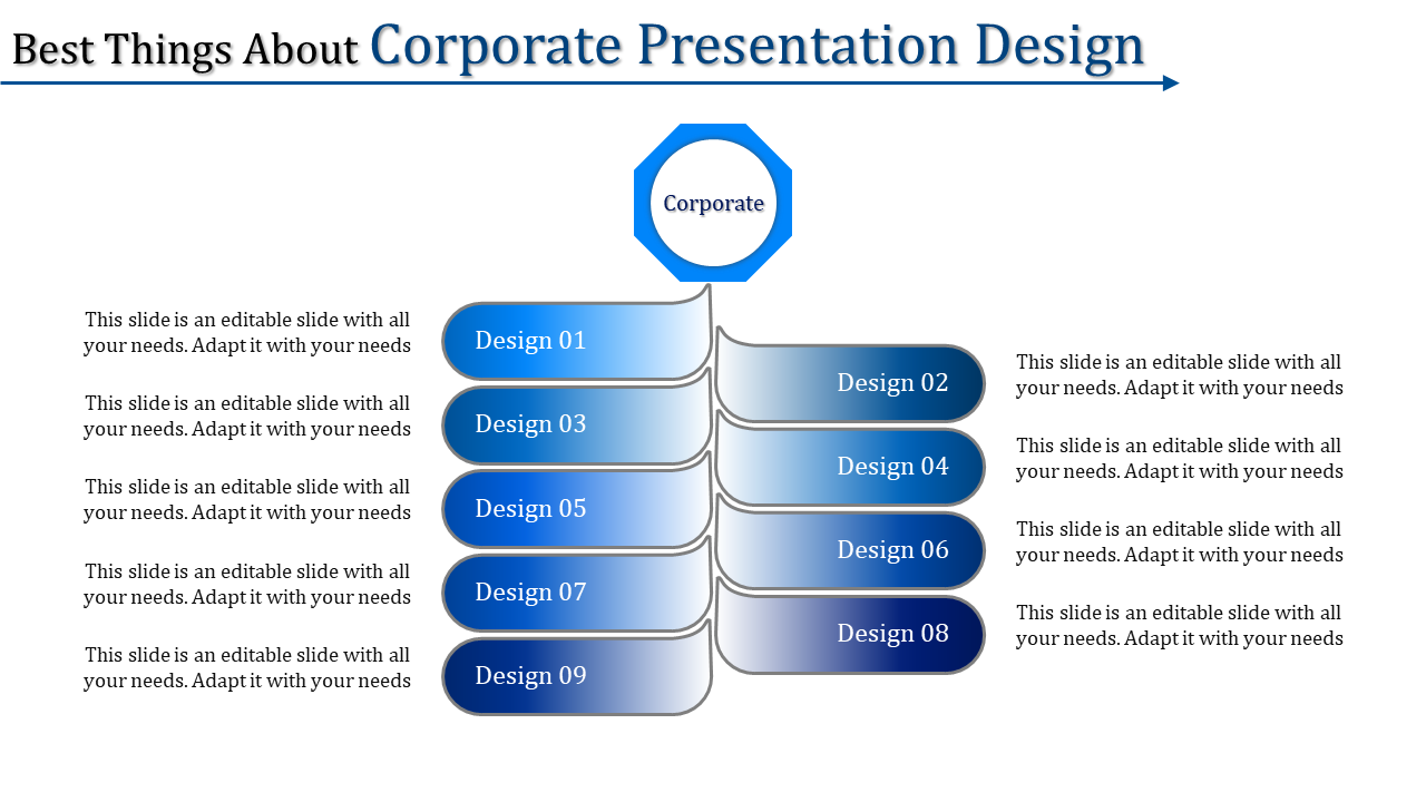 A corporate presentation template featuring nine designs in a vertical arrangement with captions.