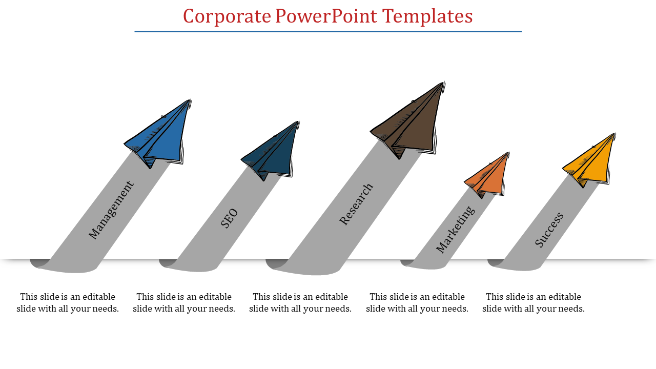 Corporate PPT design with five colored paper airplanes pointing upward, each labeled with a different business aspect.