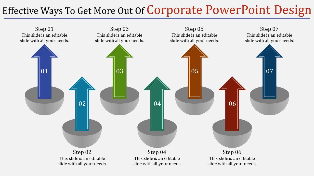 Corporate PowerPoint slide featuring seven steps with arrows pointing upward in different colors.