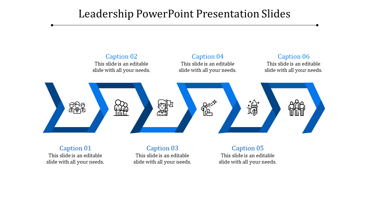 Blue zigzag infographic showcasing six stages of leadership with icons and captions, on a white background.
