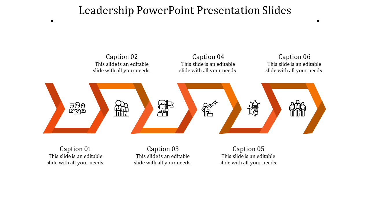 Leadership PowerPoint presentation slide with content and icons representing teams, leadership, and collaboration.