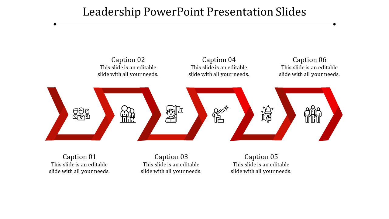 Leadership PowerPoint slide with content and red arrows featuring icons with captions.