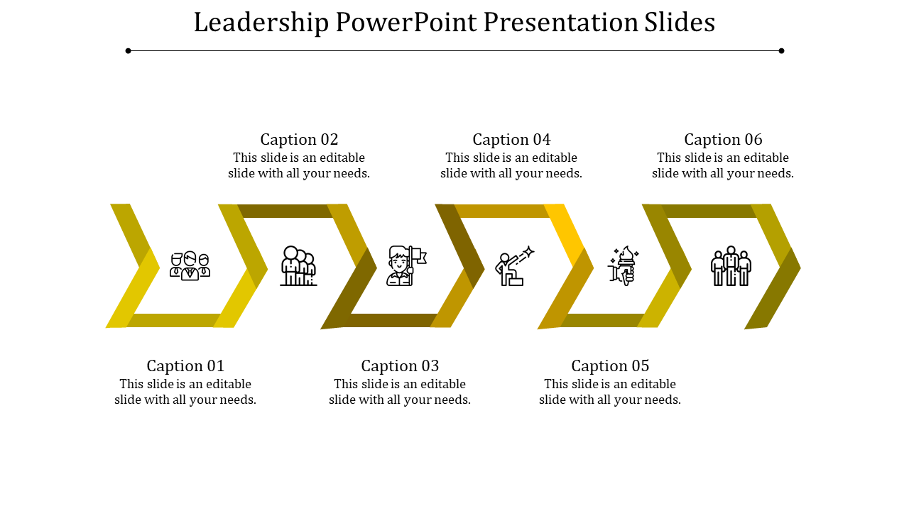 Golden zigzag infographic showcasing six stages of leadership with icons and captions, on a white background.