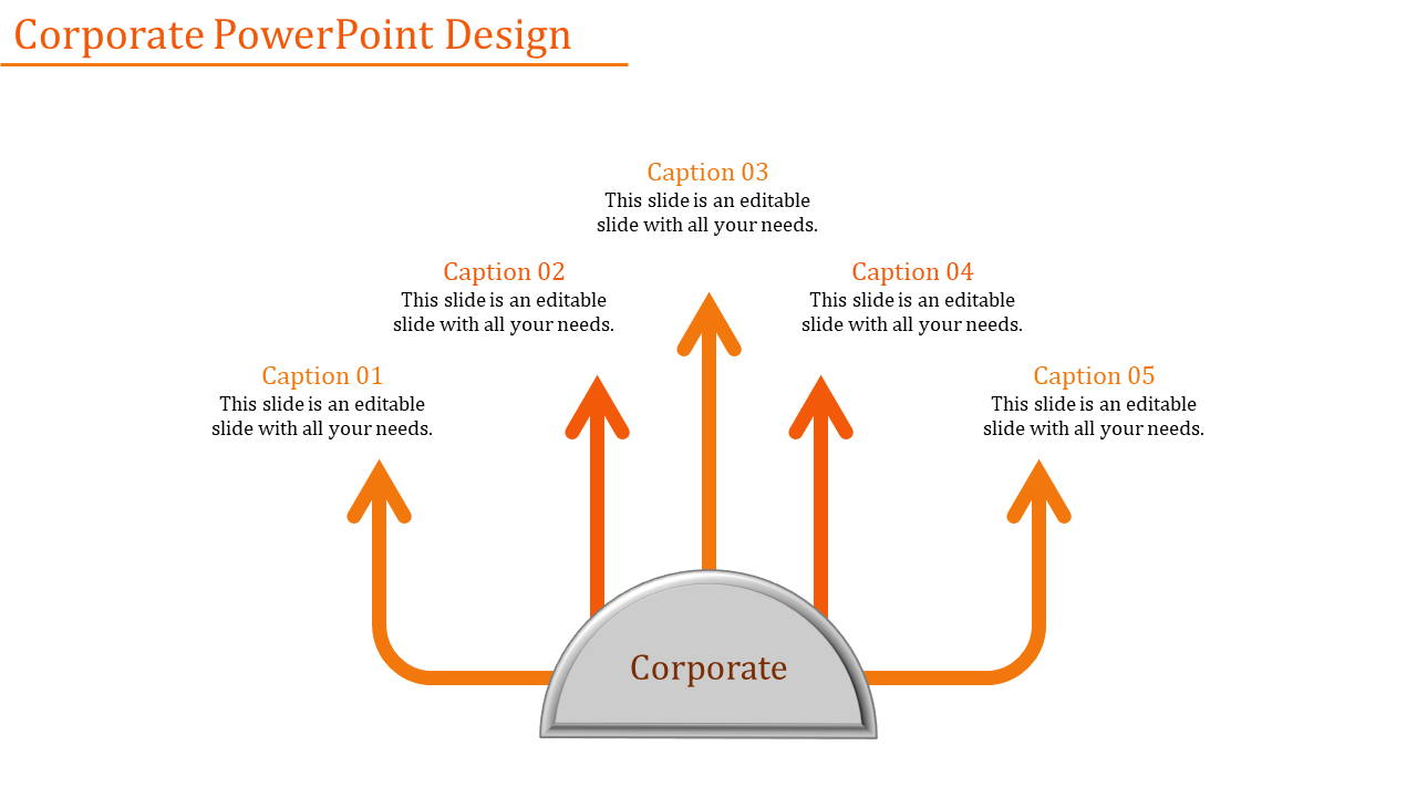 A PowerPoint slide with a central corporate element and five upward arrows, each with a caption.