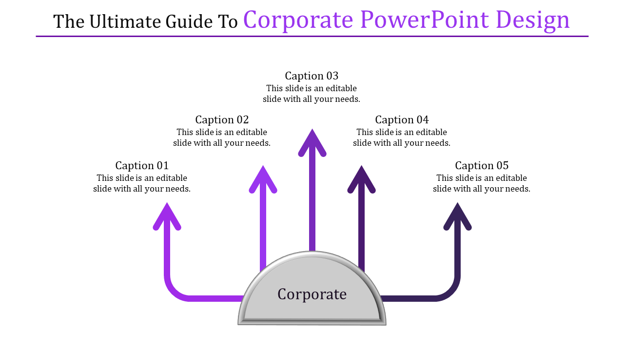 Corporate slide with five purple arrows emanating from a silver semicircle  each connected to captions areas.